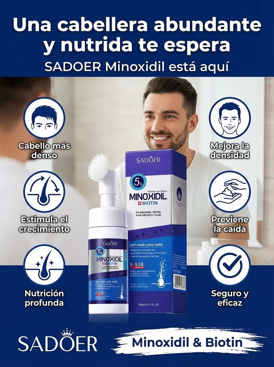 SADOER Minoxidil 5 y Biotina Espuma. Crecimiento Capilar, Densidad y Nutrición Profunda